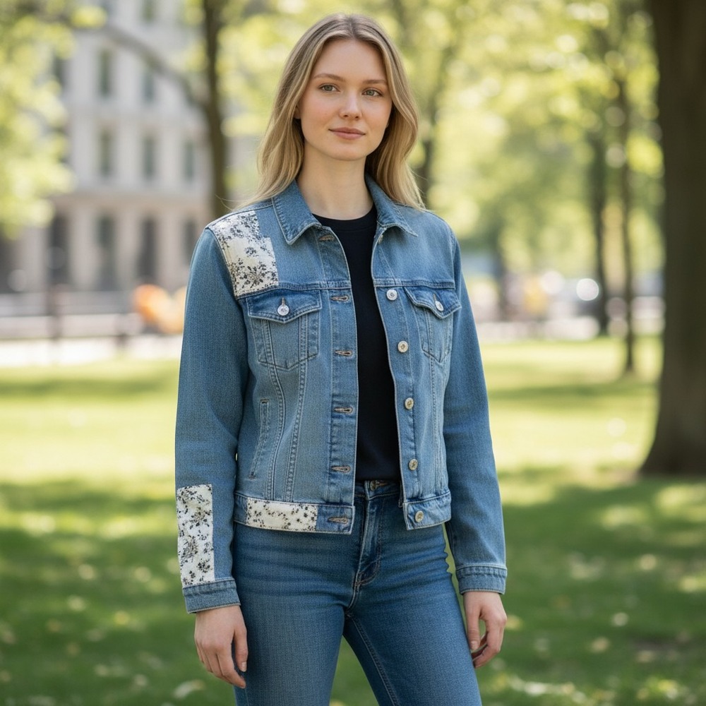 Chelsea & Violet Floral Patch Denim Jacket Blue Boho Jean Coat Small